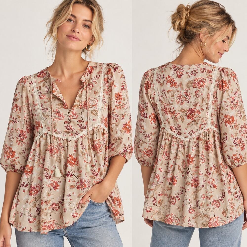 Melloday Womens Pink Floral Babydoll Tunic Top Boho Flowy Womens Large Gypsy